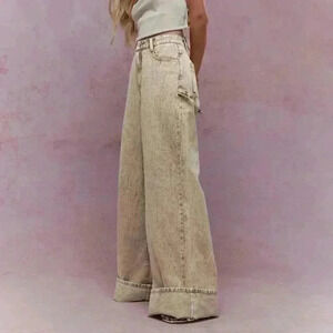 Khaki Casual Women's Washed Folded Hem Straight Leg Jeans